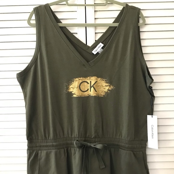 🆕 Calvin Klein Womens Sleeveless Romper XL Army Olive Green V-neck Pockets NWT - Picture 4 of 10